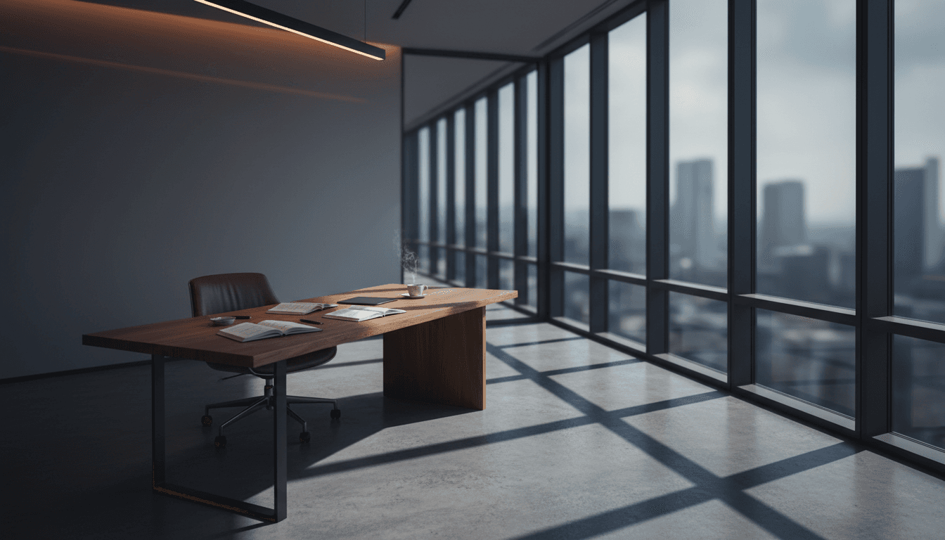 Modern minimalist office workspace with natural light and clean geometric composition