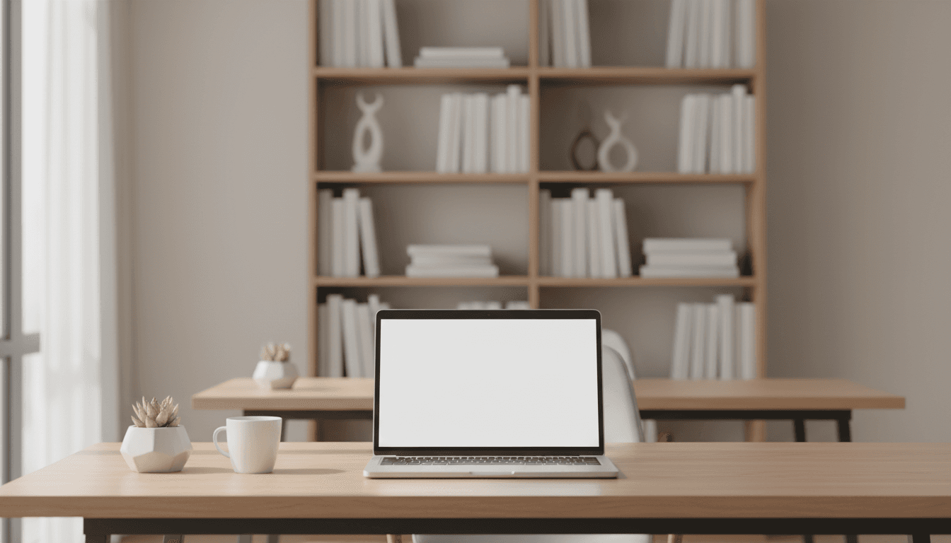 Minimalistic office background with blurred bookshelf and laptop on desk.
