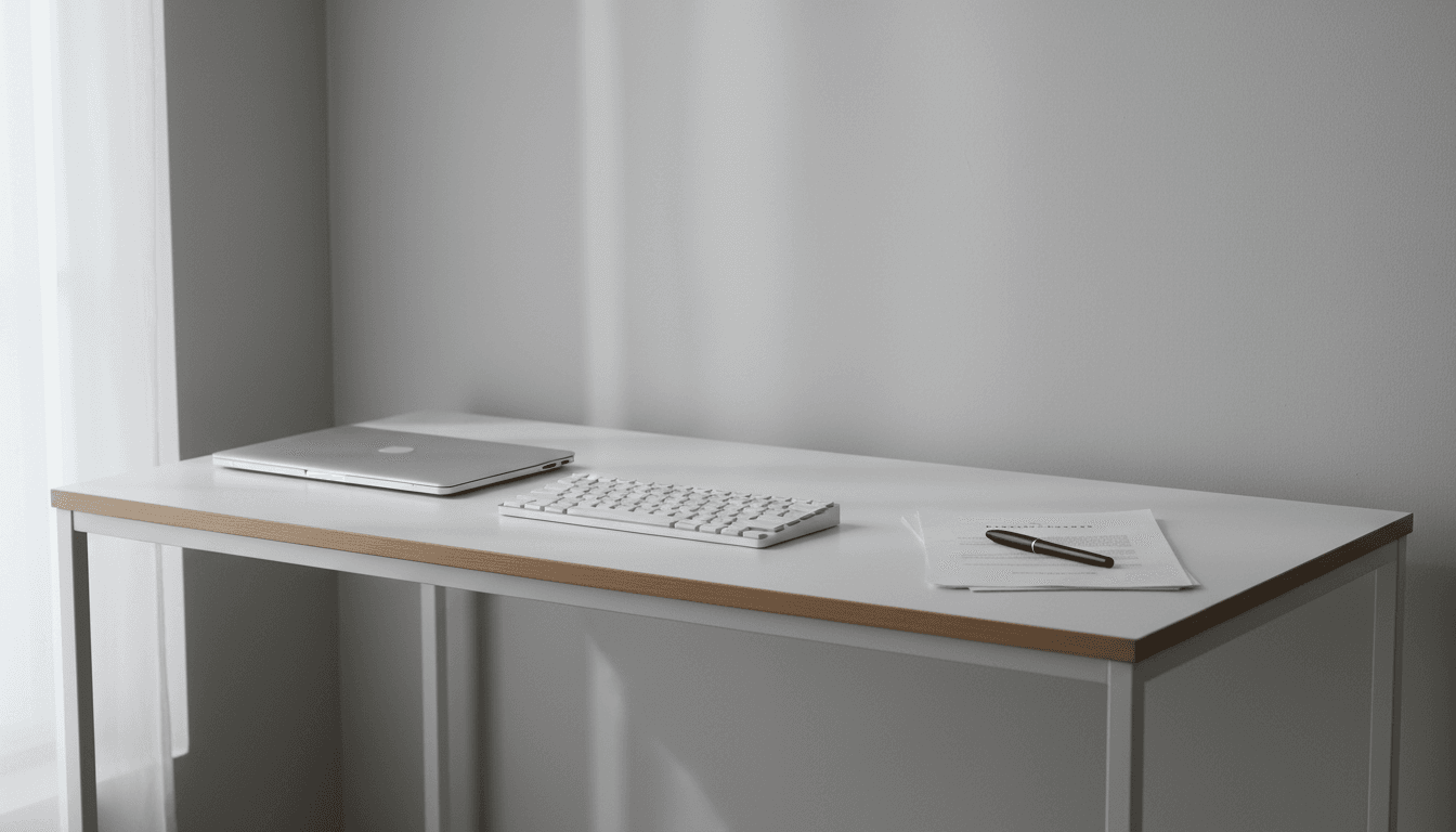 Modern desk with keyboard and papers in neutral background.