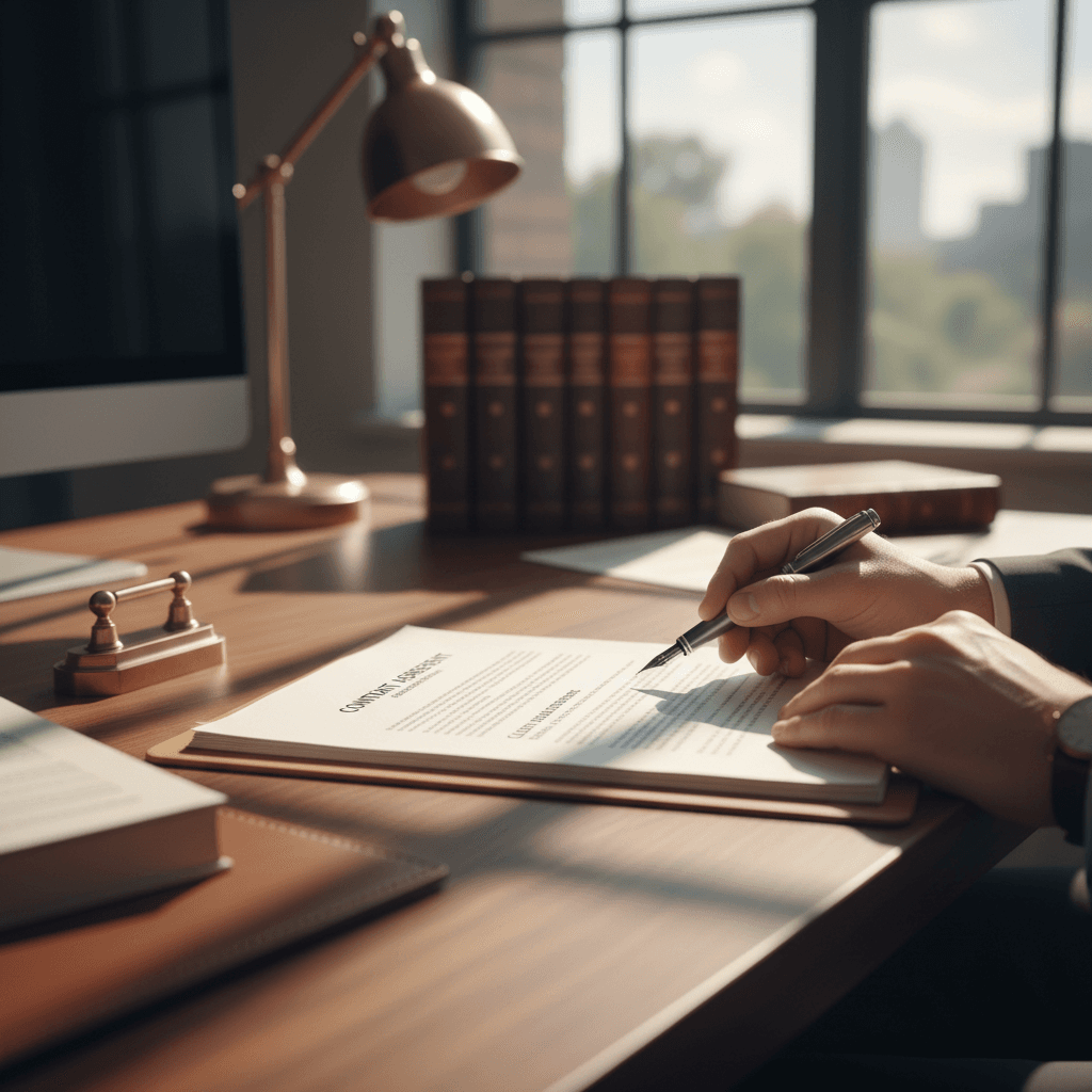 Attorney's hands carefully reviewing legal documents with fountain pen on professional desk in natural light