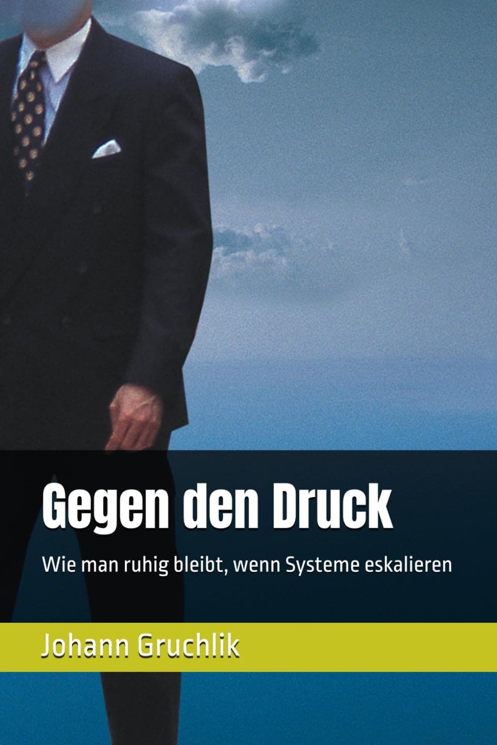 Faceless figure in dark suit, white shirt, and tie against a cloudy blue sky.