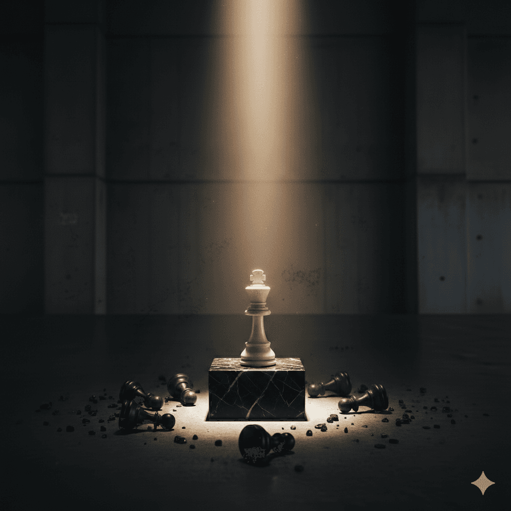 White chess king on marble pedestal, spotlighted, surrounded by fallen dark pieces.